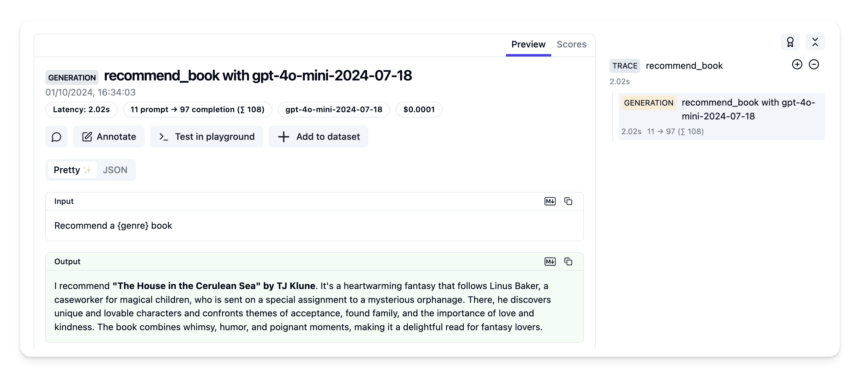 Example trace in Langfuse